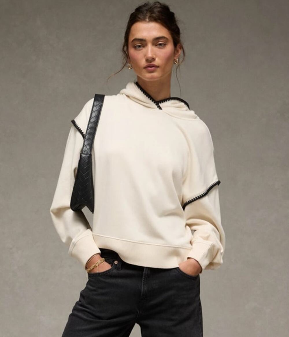 NWOT AE Womens Cream/Black Contrast Hoodie Size XL